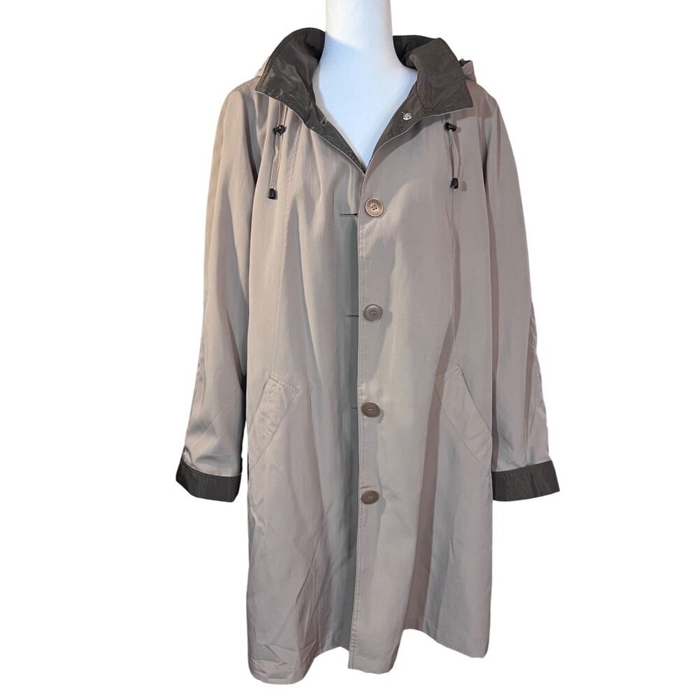 Womens Appleseed's Hooded Button-Up Long Coat Beige & Brown Lined Size Large